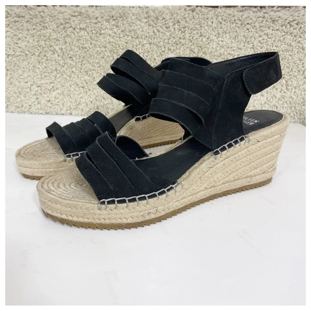 Eileen Fisher LARGO Espadrille Wedge Sandal Women's Black Leather 9 Platform